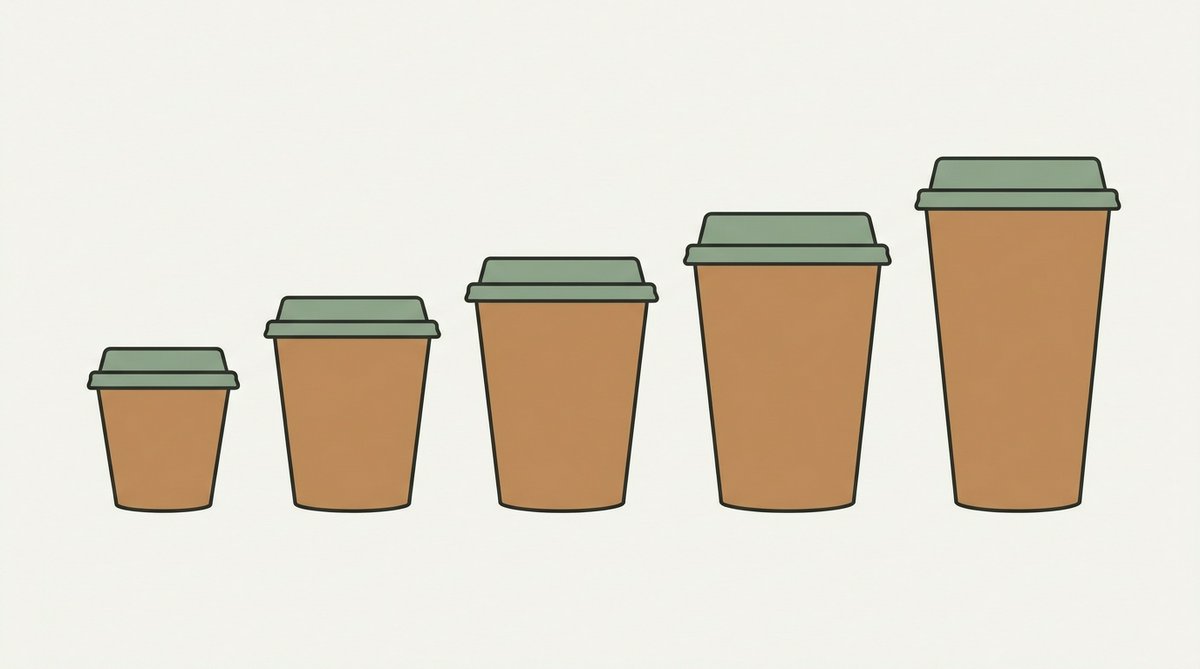 A row of paper cups arranged by size from a small espresso cup up to a tall 20oz cup, shown side by side to compare their relative heights.