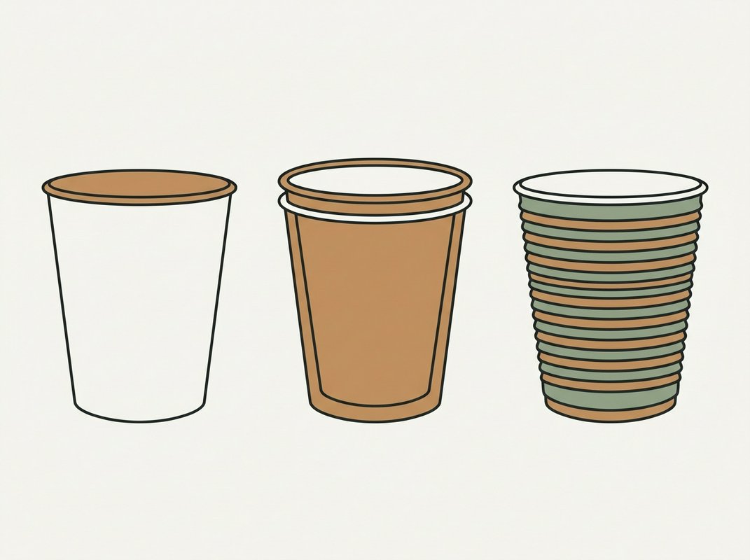 Three paper cups drawn in line-and-flat-colour illustration style: a plain single wall cup, a double wall cup shown in cross section with a visible air gap, and a ripple cup with a corrugated outer wrap, all on a pale stone background.