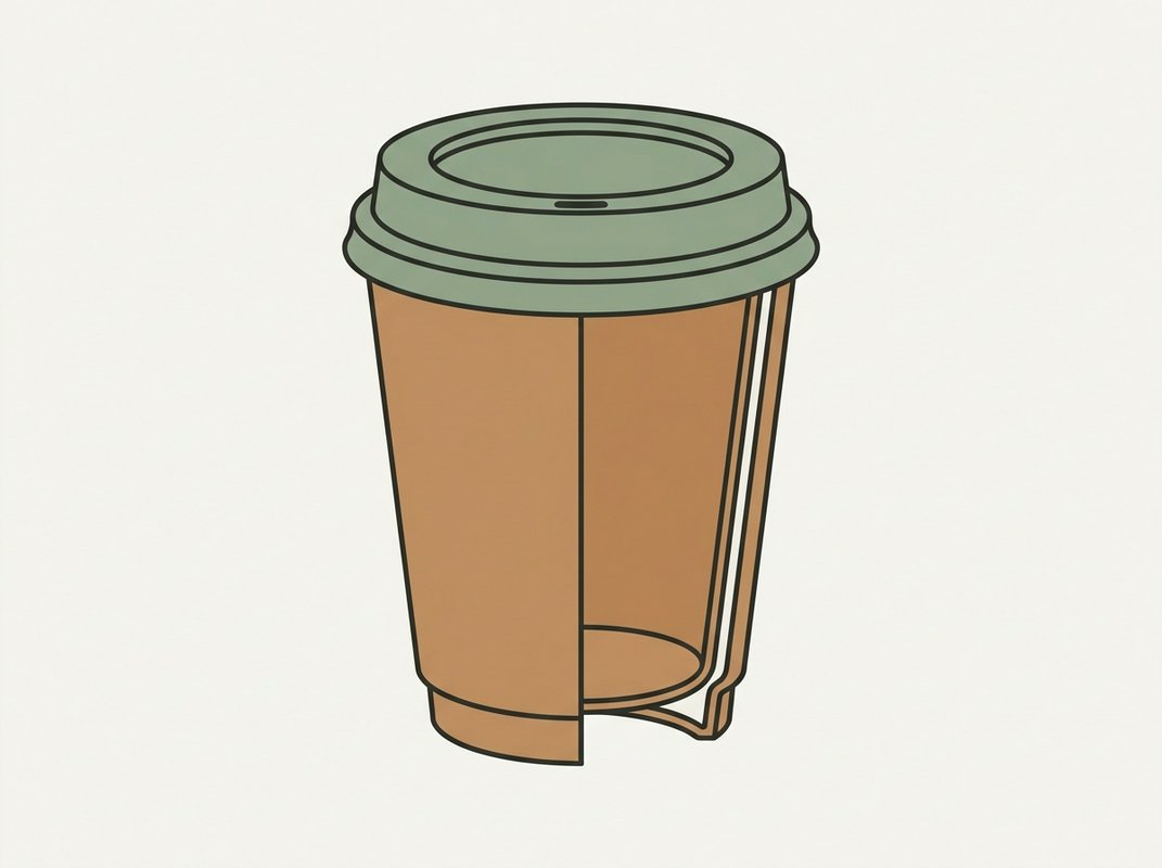 A double wall paper cup shown in cross-section and from a three-quarter angle, with the two layers of paper and the air gap between them visible, alongside a single wall cup for comparison.