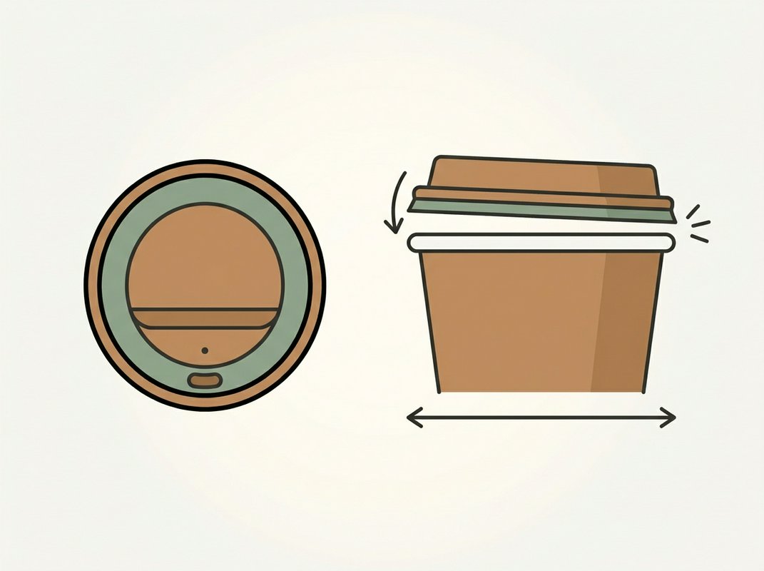 Three paper cups of the same rim diameter shown from a three-quarter angle, each fitted with a different lid: a flat lid, a domed lid, and a sip-through lid, with a dashed line indicating the shared rim measurement across all three.