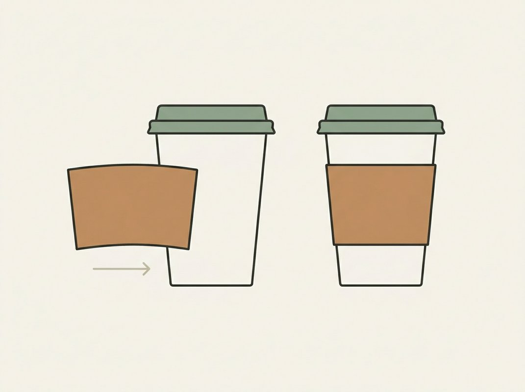 A single wall paper cup fitted with a corrugated sleeve shown beside a double wall cup and a ripple cup without sleeves, viewed from the front and three-quarter angle to show the added band versus the built-in wall.